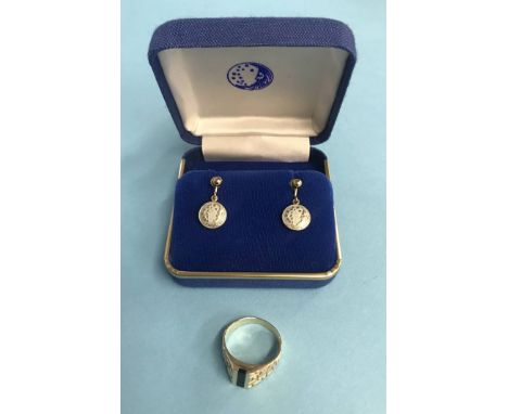A '14k' ring and earrings, stamped 'M 10k'