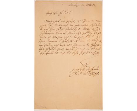 SCHLEGEL, FRIEDRICH (1772 Hannover - 1829 Dresden)Eigenhändiger Brief mit Unterschrift („Friedr v. Schlegel“). Ohne Ortsangab