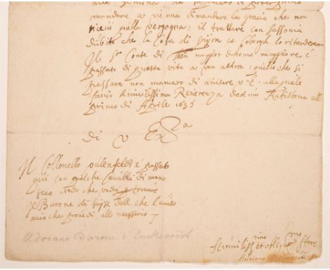 ENKEVORT, ADRIAN VON (1603 Diest - 1663 Ledeč nad Sázavou)Eigenhändiger Brief mit Unterschrift. Regensburg, 1. April 1635. 1 