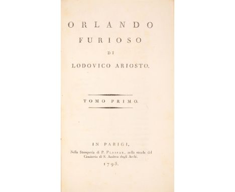 Ariosto, Ludovico: Orlando furioso. 4 Bde. Paris: P. Plassan 1795. 22,5 x 14 cm. Mit 1 gest. Porträtfrontispiz und 92 gest. K