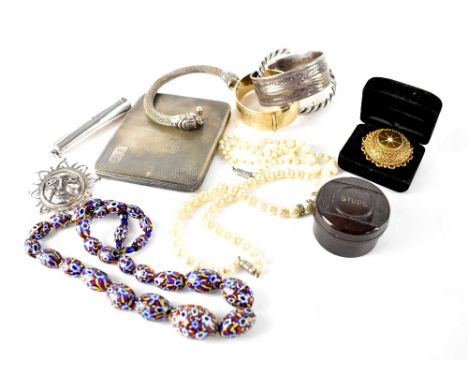 A quantity of costume jewellery to include two silver bracelets, two silver torc bracelets, Italian bead necklace, gold plate