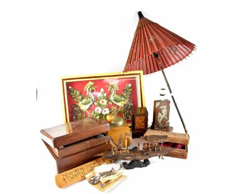 A vintage Drenes coffee grinder, small decorative box, model of a junk, bamboo umbrella, a mahogany sewing box containing a q