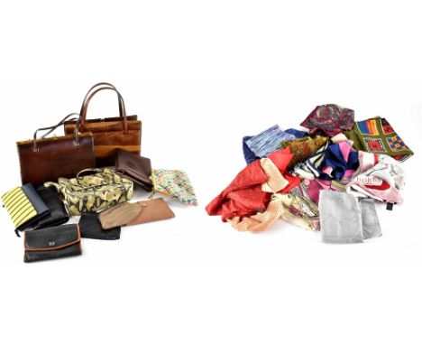 A quantity of handbags and scarves, including a brown crocodile handbag with zipped interior and loop clasp, a Freedex leathe