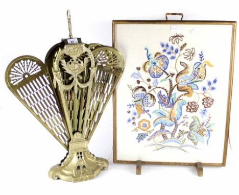 A Georgian-style brass fan-effect fire screen and a c1940s tapestry fire screen with embroidered floral and leaf decoration (