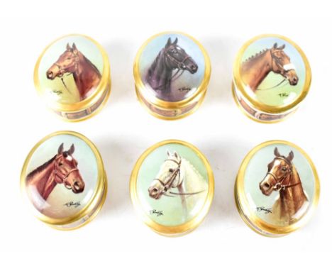 A collection of six Danbury Mint 'Great Racehorses' oval china trinket boxes each dedicated to a famous horse with images tak