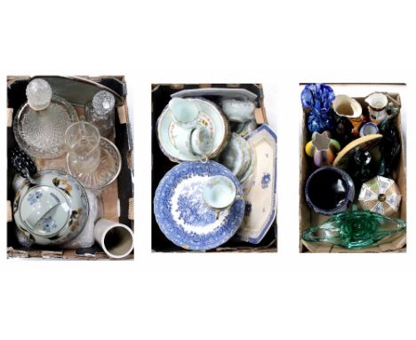 A quantity of ceramics and glassware to include ship's decanter with silver plated collar, pottery cheese dish, Poole Pottery