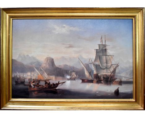 AFTER J W CARMICHAEL; a colour lithographic print on canvas, harbour scene with fishing boats and tall masted ships, 49 x 74.