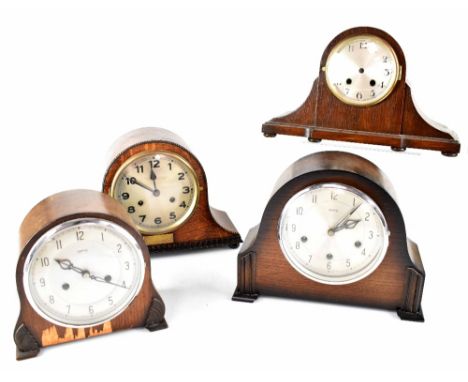 Four early/mid-20th century oak and mahogany cased clocks to include a Smiths eight-day chiming clock, an eight-day Napoleon 