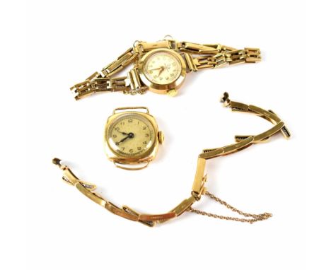 Record; a ladies' vintage 9ct gold wristwatch on 9ct gold gate bracelet, a ladies' vintage 9ct gold wristwatch head (detached