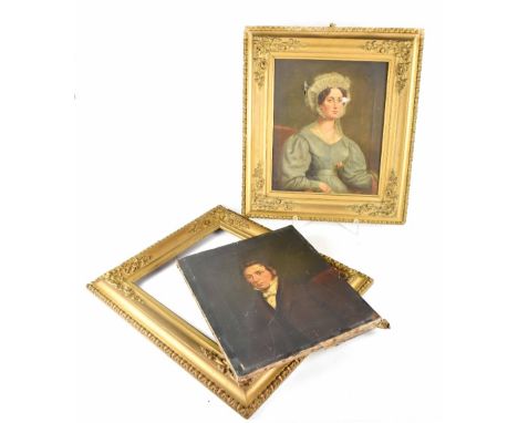 19TH CENTURY ENGLISH SCHOOL; a pair of oils on canvas, half-length portraits of a gentleman and lady, each 37 x 30cm, in gilt