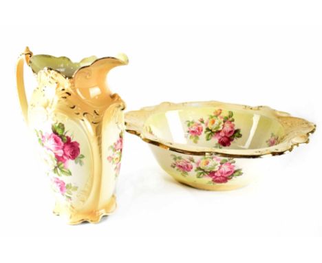 A Victorian style seven-piece floral and gilt-heightened dressing table set comprising oval tray, trinket pots, candlesticks,