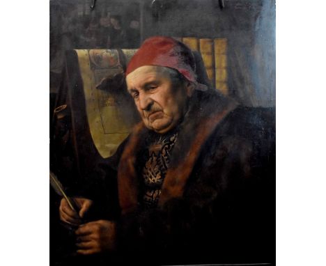 EDMOND VAN HOVE (Belgian, 1851-1913); oil on panel, 'Un en Lumineur', half-length portrait of an illuminator in front of his 