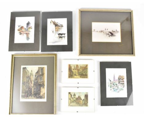 A group of watercolours and prints to include print of a German town with river flowing through, indistinctly signed early 20