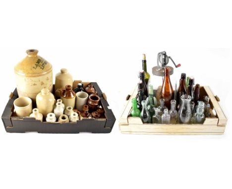 A quantity of vintage stoneware bottles to include hot water bottles, pots, 'Ye Olde Liqueur Mead from the Cornish Mead Compa