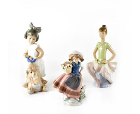 Two Lladró figures, a seated ballerina and a young girl in period costume with flower basket and a Nao figure of a young girl