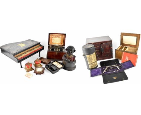 Various collectibles to include an Oriental red lacquer jewellery box, a Rototherm car thermometer in Bakelite case, two vint