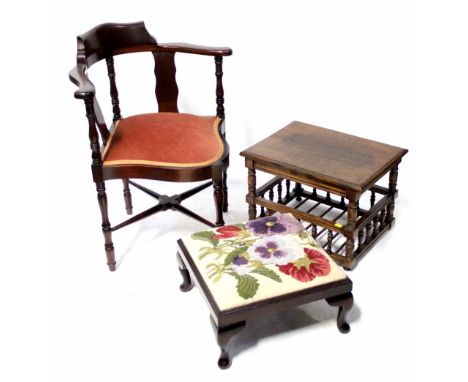 A modern reproduction mahogany corner chair, modern tapestry-top stool and a small oak magazine table with later adapted lift