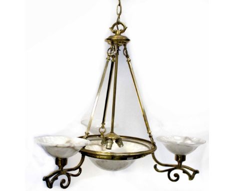 An Art Deco style alabaster and brass three-branch plafonnier ceiling light, length approx 60cm. CONDITION REPORT Glass is in