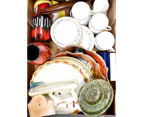 A partial set of Paragon 'Belinda' teaware, two red ground German vases, decorative plates to include Spode examples and two 