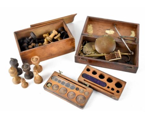 A set of 19th century brass travel postal scales and various square weights, a small mahogany-cased set of weights (incomplet