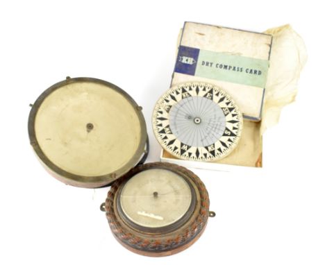 A copper and brass ship's binnacle compass (body only) with single outer ring, a 1920s oak ropetwist barometer for restoratio
