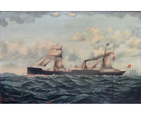 A W SHOLTON (?) (19th century English): oil on panel, maritime scene of a steamboat at sea with tall masted ships in the dist