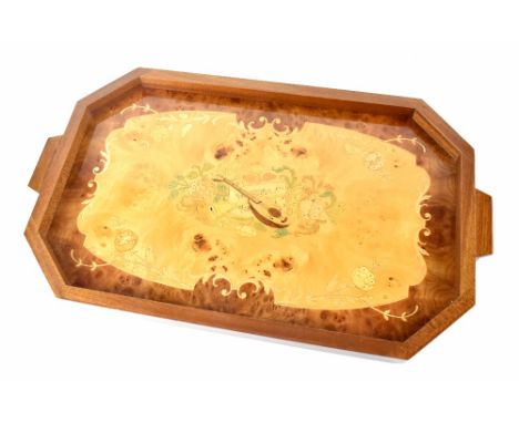 An Italian Sorrento inlaid tray with central design of lute and sheet music, 53 x 31cm. CONDITION REPORT overall general wear