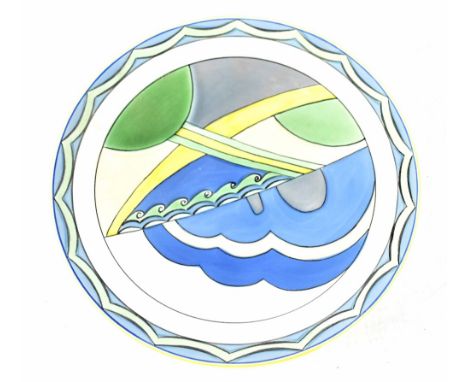 A Poole Studio decorative plate with abstract design within a blue and green swag border, diameter 26.5cm.