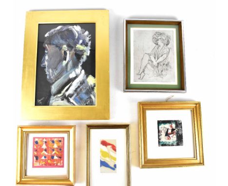 NANCY ROTHWELL; oil portrait of a gentleman, 30 x 22cm and three small abstract works by the same artist, 'Space', 'Party Tim