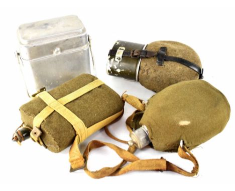 Army flasks to include British, German and Continental, also an aluminium military canteen (4).