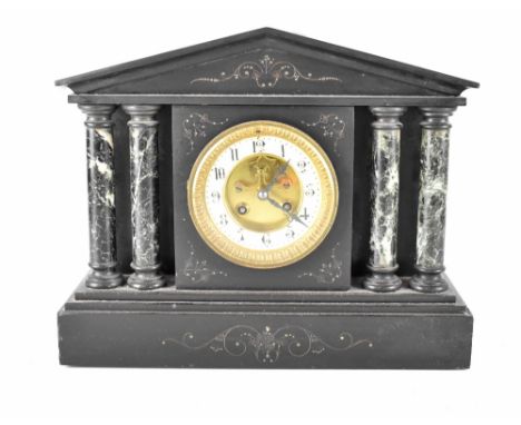 A late 19th century slate and marble mausoleum eight-day clock, the gilded and ceramic dial set with Arabic numerals, height 