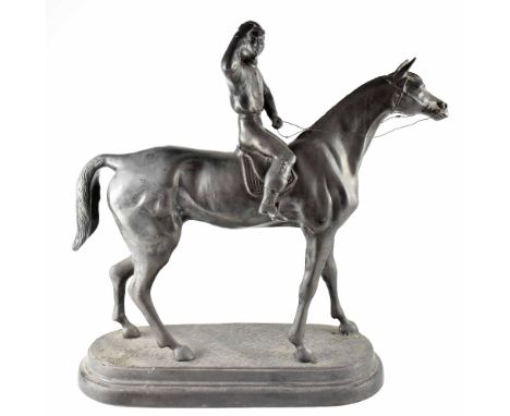 AFTER CHARLES VALTON; a bronze racehorse and jockey on naturalistic base, signed to base C VALTON, height 60cm, length 60cm. 