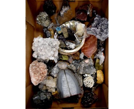A quantity of geological and mineral samples to include amethyst, celestine, rose quartz, etc. CONDITION REPORT box containin