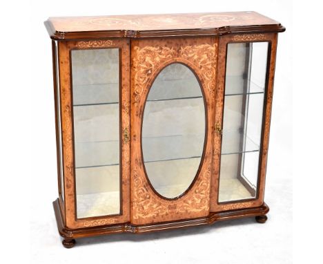 An Italian Sorrento inlaid display cabinet/bookcase, oval glass to central inlaid panel, door to either side, glass panels to