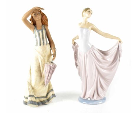 A Nao figure of a young lady with parasol and a Lladró figure of a young dancing lady, height of largest 22cm (2).
