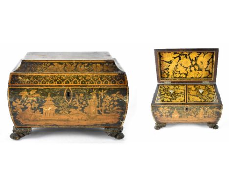 A 19th century marquetry inlaid and penwork tea caddy of sarcophagus form, the panels decorated in Chinoiserie manner, with b