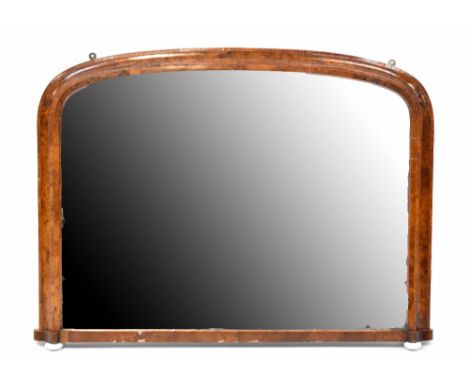 A Victorian cross-banded and line inlaid burr walnut framed overmantel mirror with bulbous ceramic feet, 86 x 110cm. CONDITIO