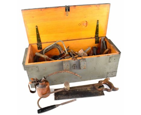 An ammunition box containing a quantity of vintage tools to include mallet, chisels, a 'Robert Kelly Renshaw Street, Liverpoo