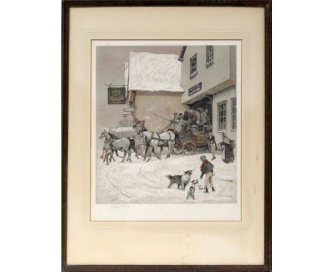 Cecil Aldin; a colour lithograph of a winter coaching scene outside the George Inn, signed in pencil to margin, 45 x 37cm, fr
