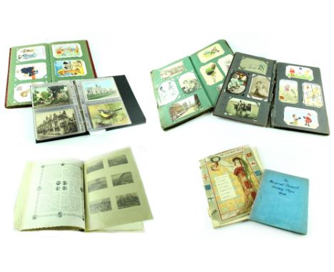Five postcard albums containing comic, British topographical, transport, sentimental etc, a Margaret Tarrant Nursery Rhyme bo
