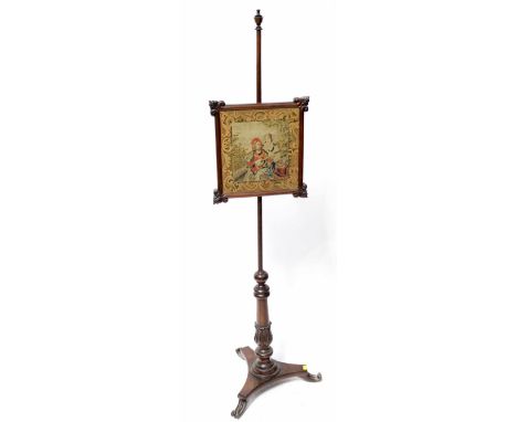 A 19th century mahogany adjustable pole screen with tapestry screen depicting lovers within a floral scrolled border, mahogan