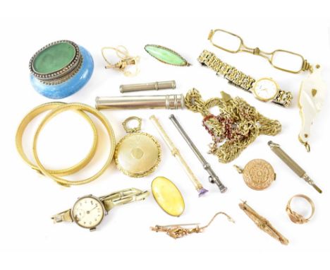 A collectors' lot to include a pair of pearl-handled lorgnettes, propelling pencils, watches, flexible bracelets, trinket box