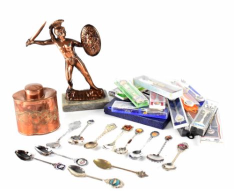 A copper tea caddy, a bronzed figure of a warrior raised on rectangular base and a quantity of collectors' spoons (3).