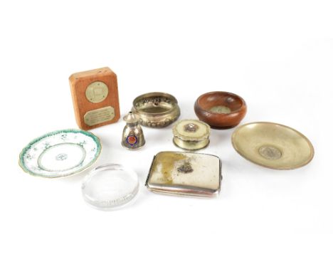 A group of nine shipping-related commemorative wares including two Continental silver bowls, a wooden dish with plaque inscri