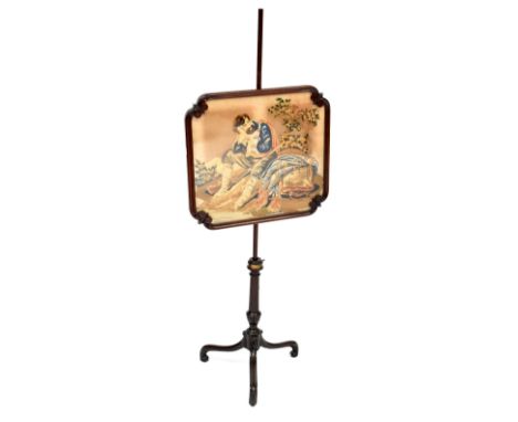 A Victorian mahogany adjustable pole screen with needlework embroidered panel of a seated traveller, raised on turned column 