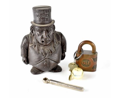 A vintage cast iron Transvaal moneybox in the form of a distinguished gentleman, a John Haig Whisky pocket corkscrew and a su