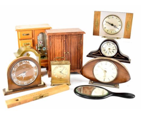 Six vintage clocks to include two Smiths examples, two hardwood jewellery boxes, etc.
