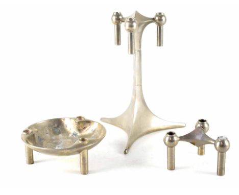 A 1960s vintage Stoff Nagel modular sculptural tall candlestick, pewter on copper, a shorter candlestick and a bowl, height o