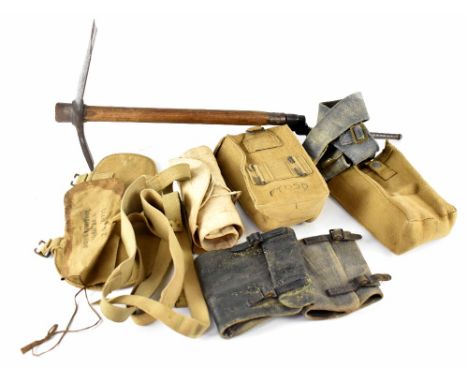 A quantity of WWII British webbing, canvas machine gun ammunition pouch, RAF webbing belt, pair of gaiters, tool wrap, an ent