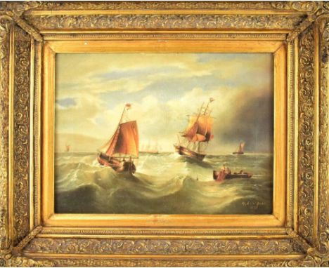 AFTER G A NAPIER (British, 19th century); a colour lithographic print on canvas, fishing vessels and tall masted ships at sea